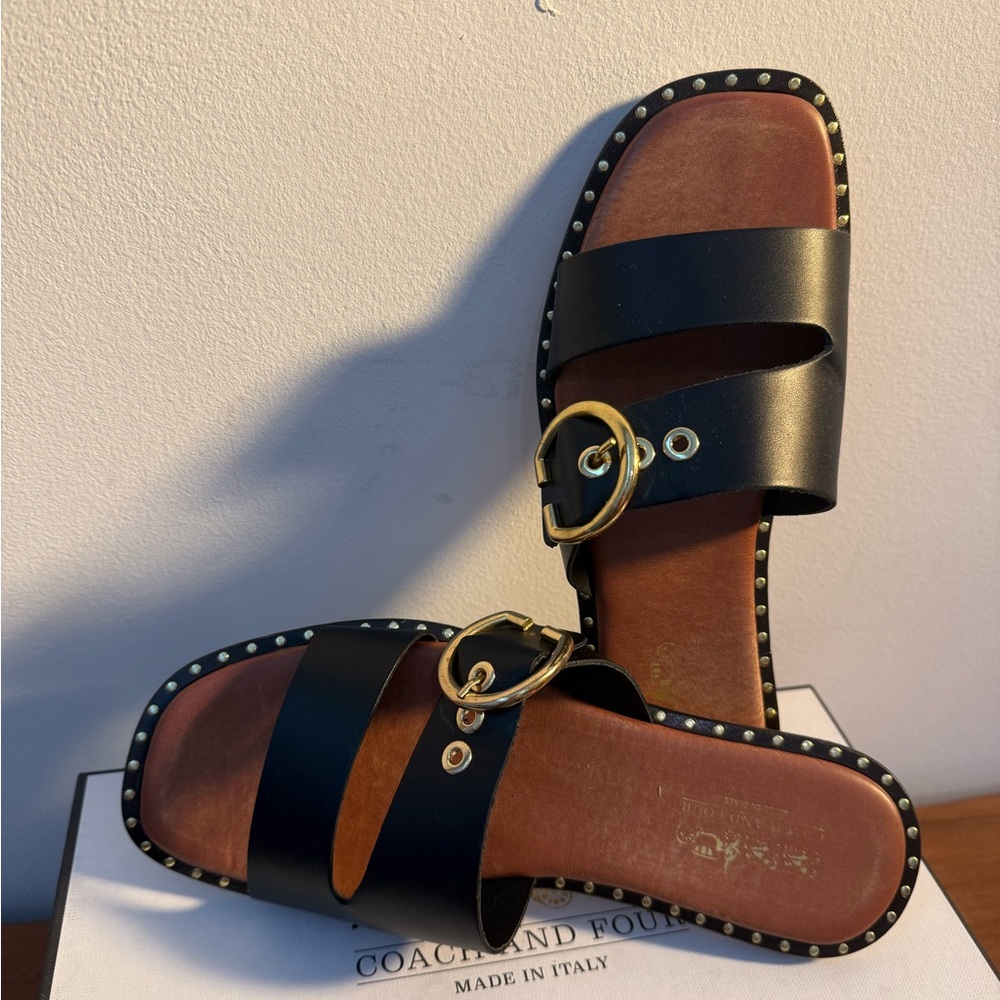 Coach and Four Black and Gold Studded Sandals